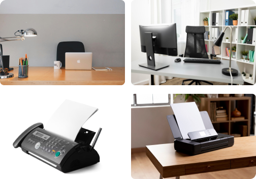 A collage of four images showing different workspaces and office equipment, including minimalist desks with computers and a lamp, as well as fax and printer machines on wooden surfaces